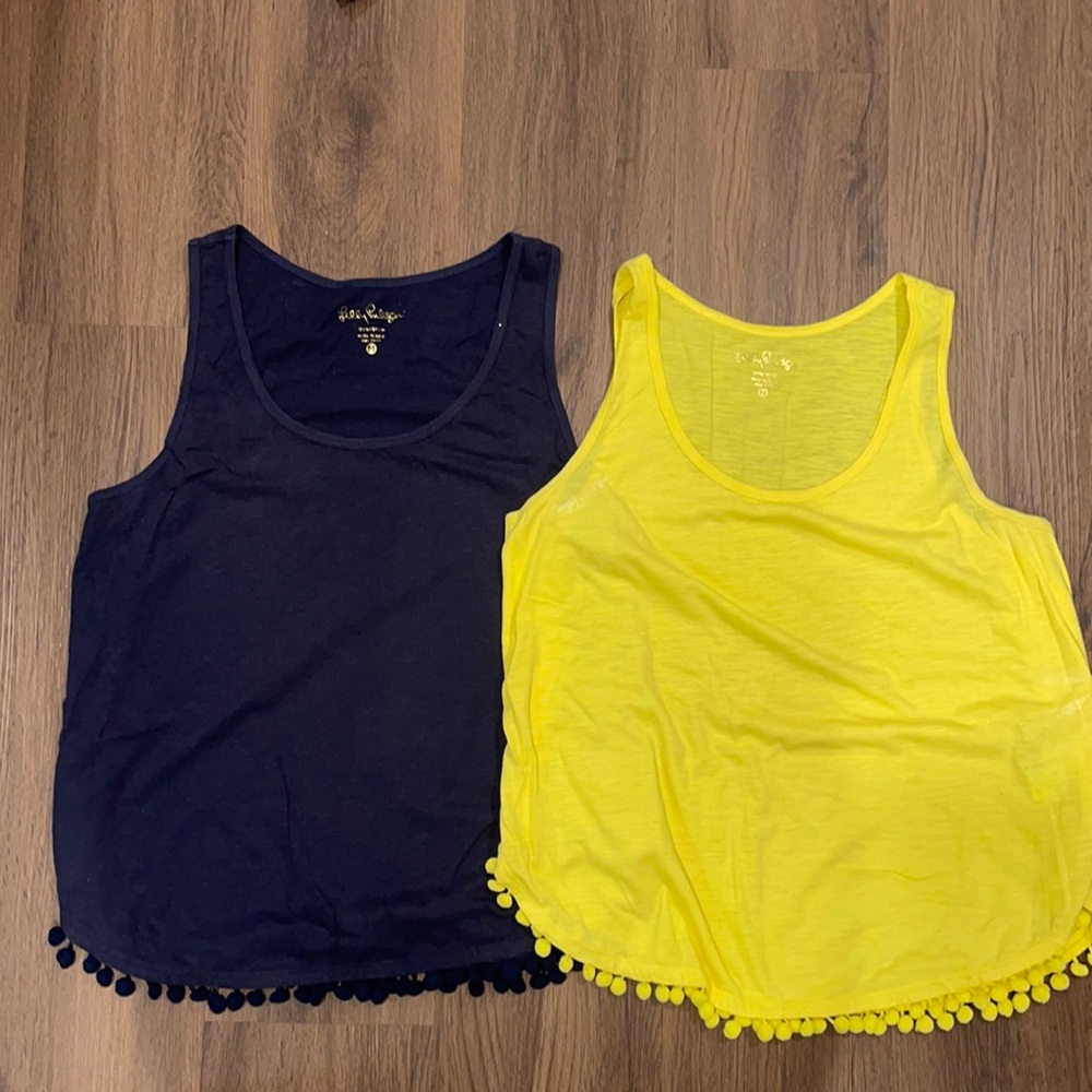Navy and yellow lily Pulitzer pom-pom tanks